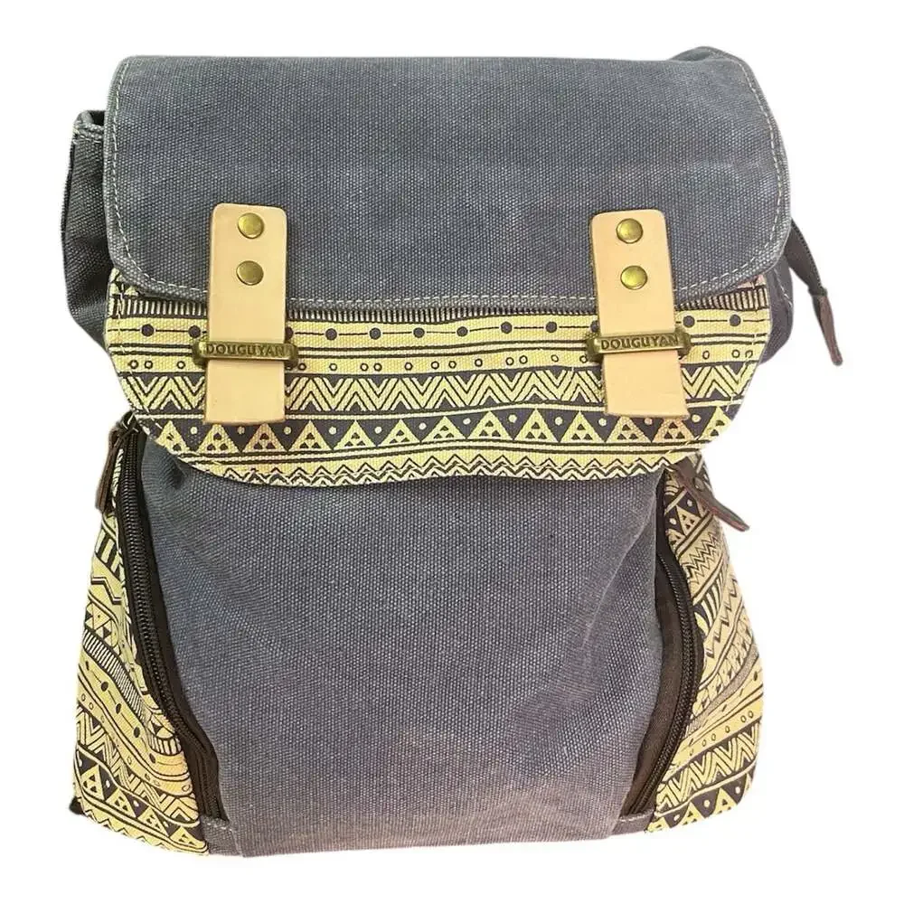 Douguyan Canvas Backpack Navy Boho Aztec Southwest Pockets Tribal Brass Flap